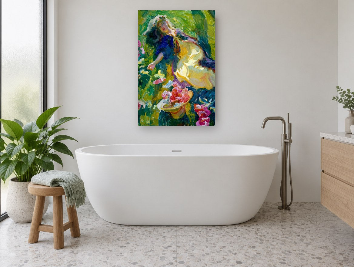 Reclining in the Roses floral canvas print on the wall of a bathroom