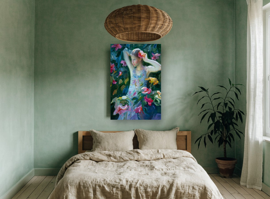 Girl Among Lilies floral canvas print on the wall of a bedroom