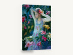 Girl Among Lilies, woman in garden pink lilies impressionist, floral canvas wall art print ready to hang
