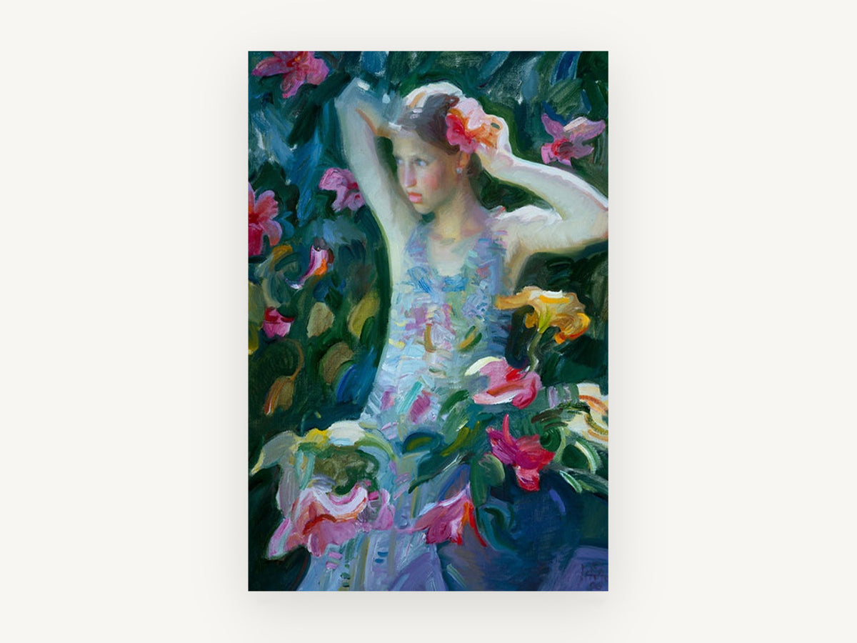 Girl Among Lilies, floral canvas wall art print, front view