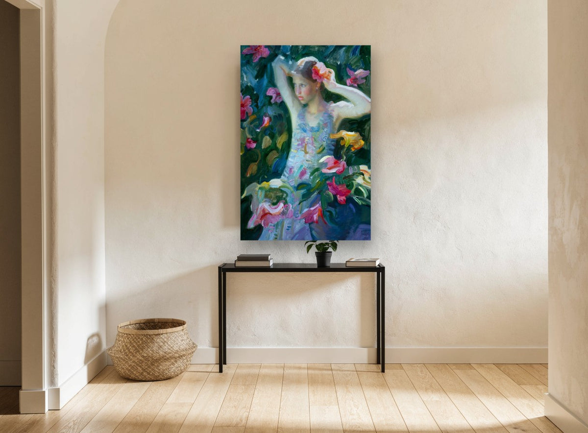 Girl Among Lilies floral canvas print on the wall of a hallway