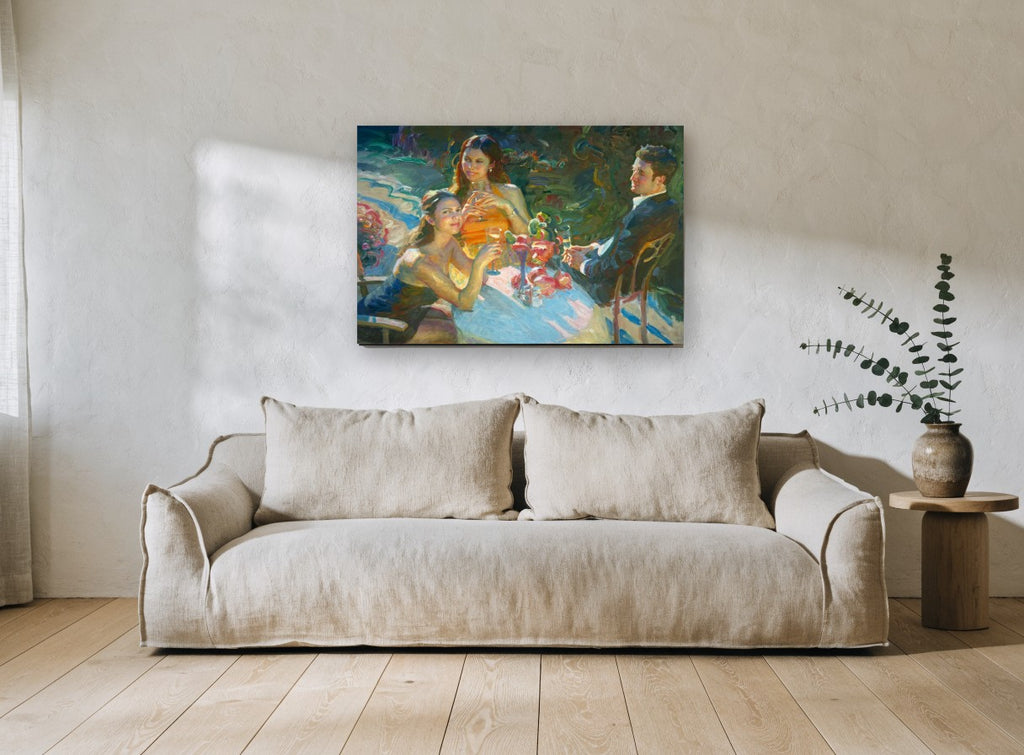 Garden Table Toast floral canvas print on the wall of a living room