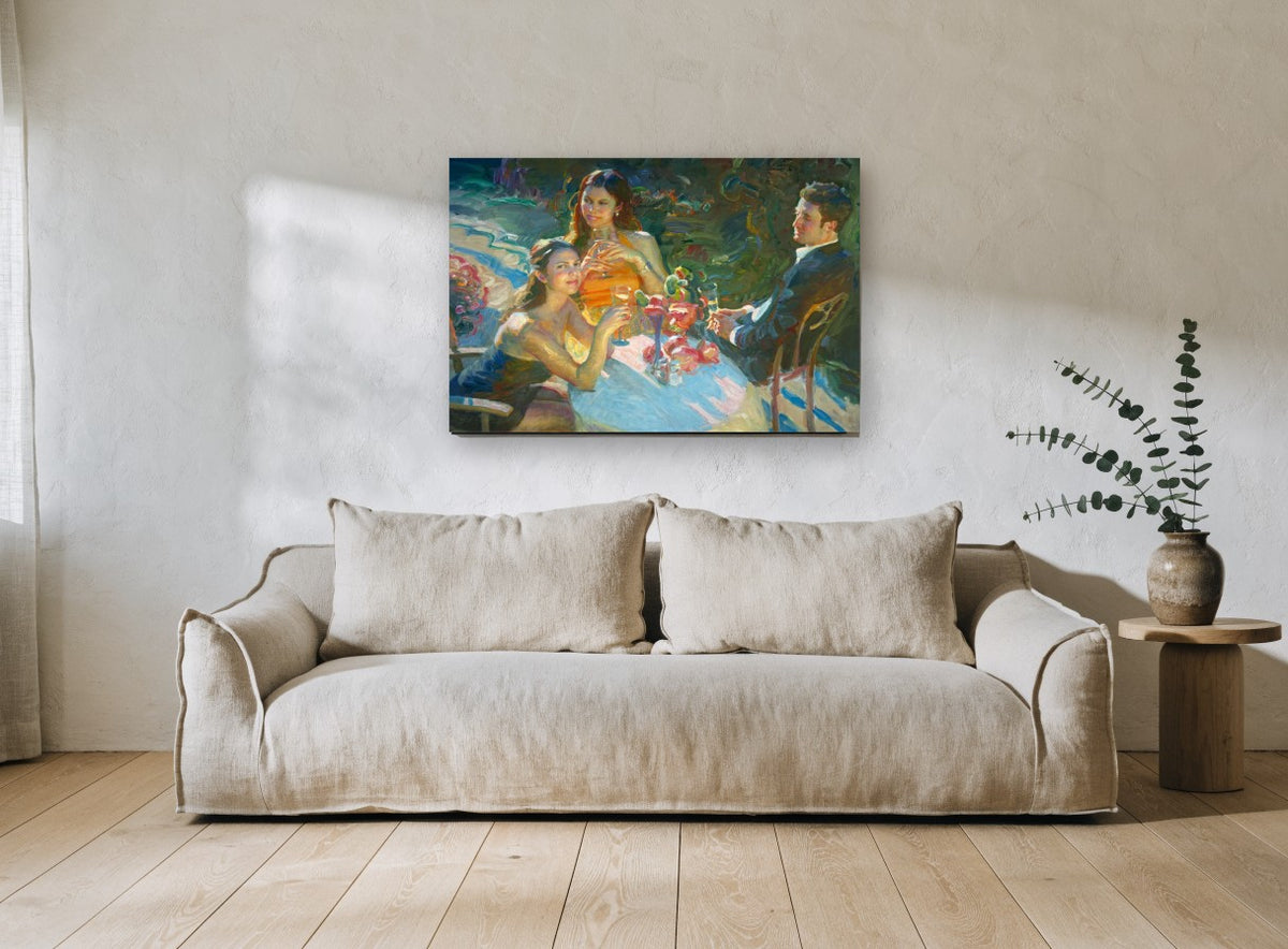 Garden Table Toast floral canvas print on the wall of a living room