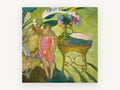 Girl in Pink Garden, floral canvas wall art print, front view