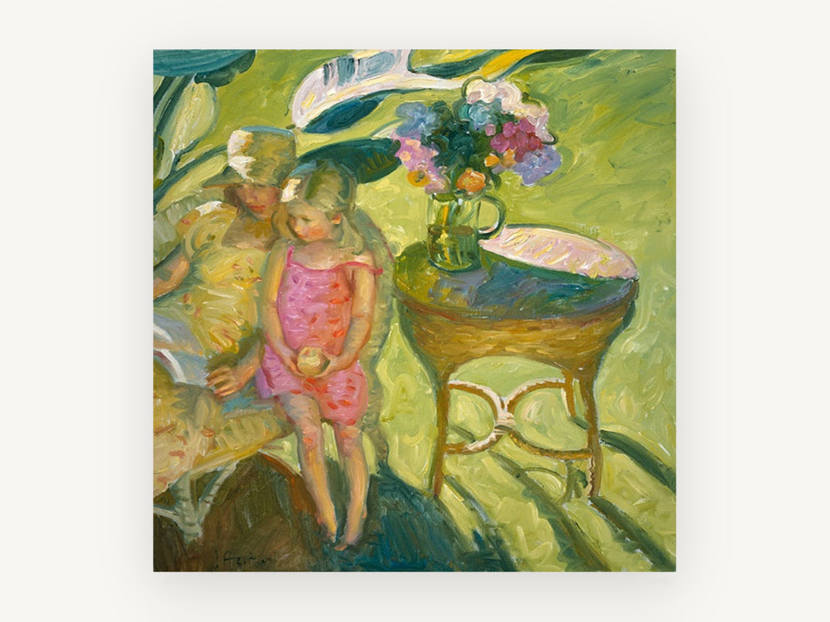 Girl in Pink Garden, floral canvas wall art print, front view