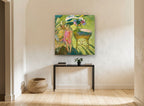 Girl in Pink Garden floral canvas print on the wall of a hallway