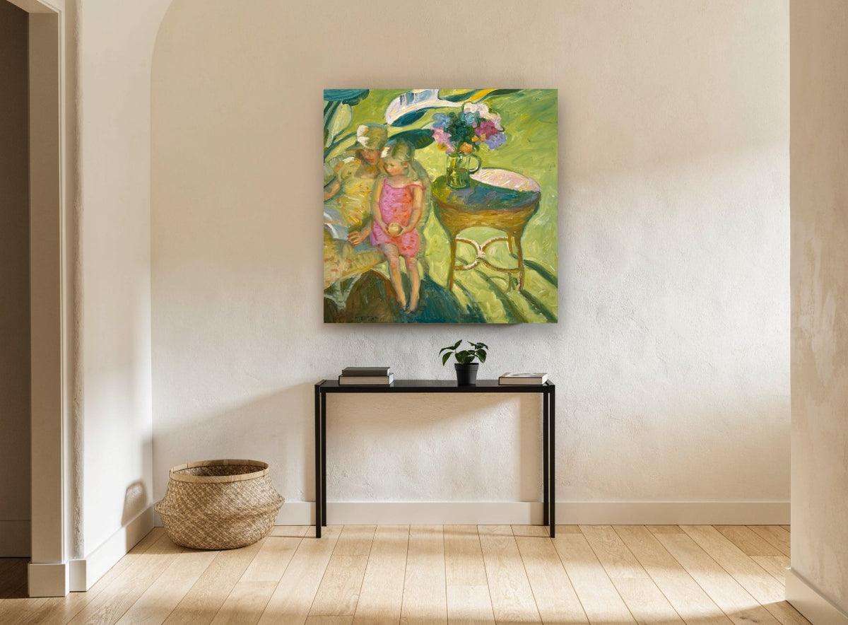 Girl in Pink Garden floral canvas print on the wall of a hallway
