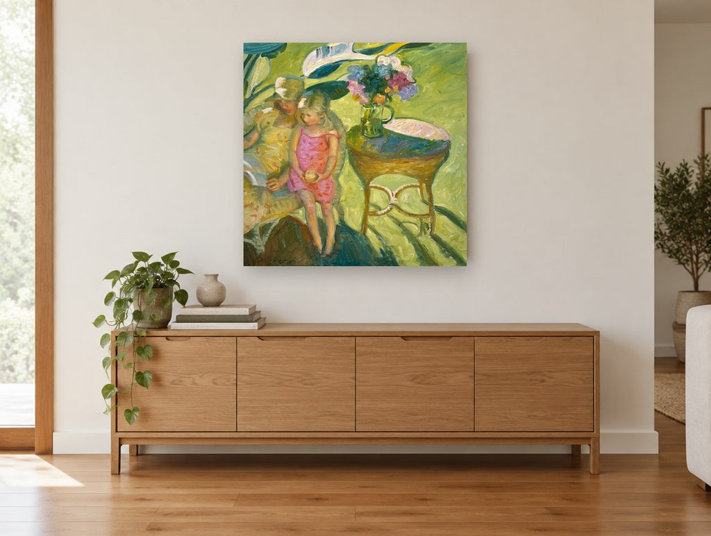 Girl in Pink Garden floral canvas print on the wall of a living room above a sideboard