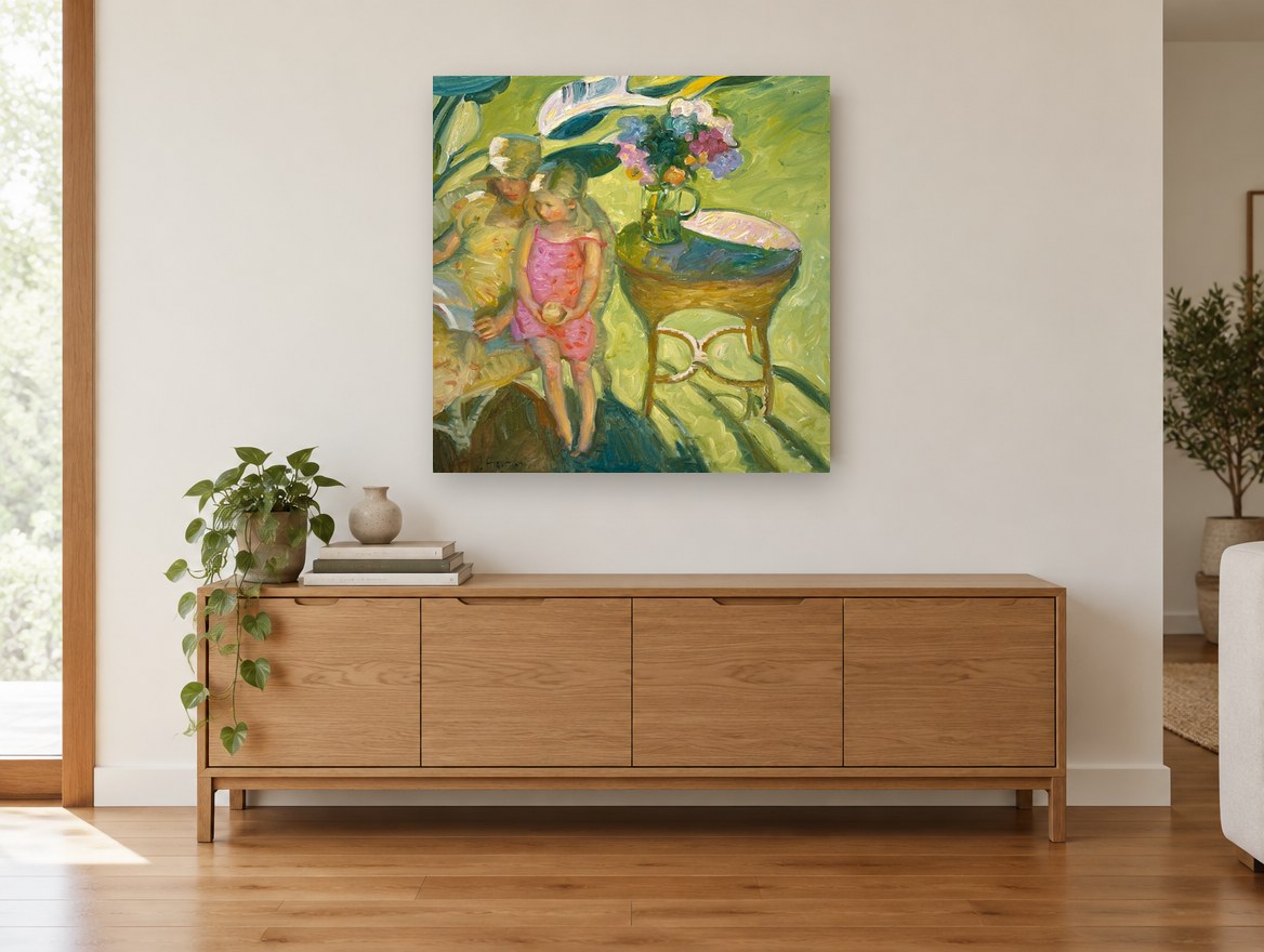 Girl in Pink Garden floral canvas print on the wall of a living room above a sideboard