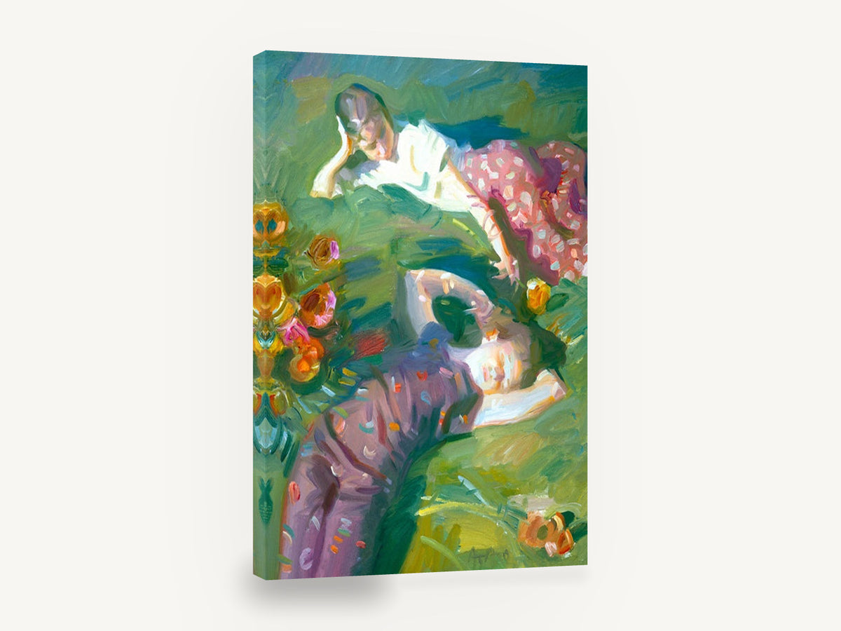 Girls on the Lawn, two girls lying on grass with flowers, floral canvas wall art print ready to hang