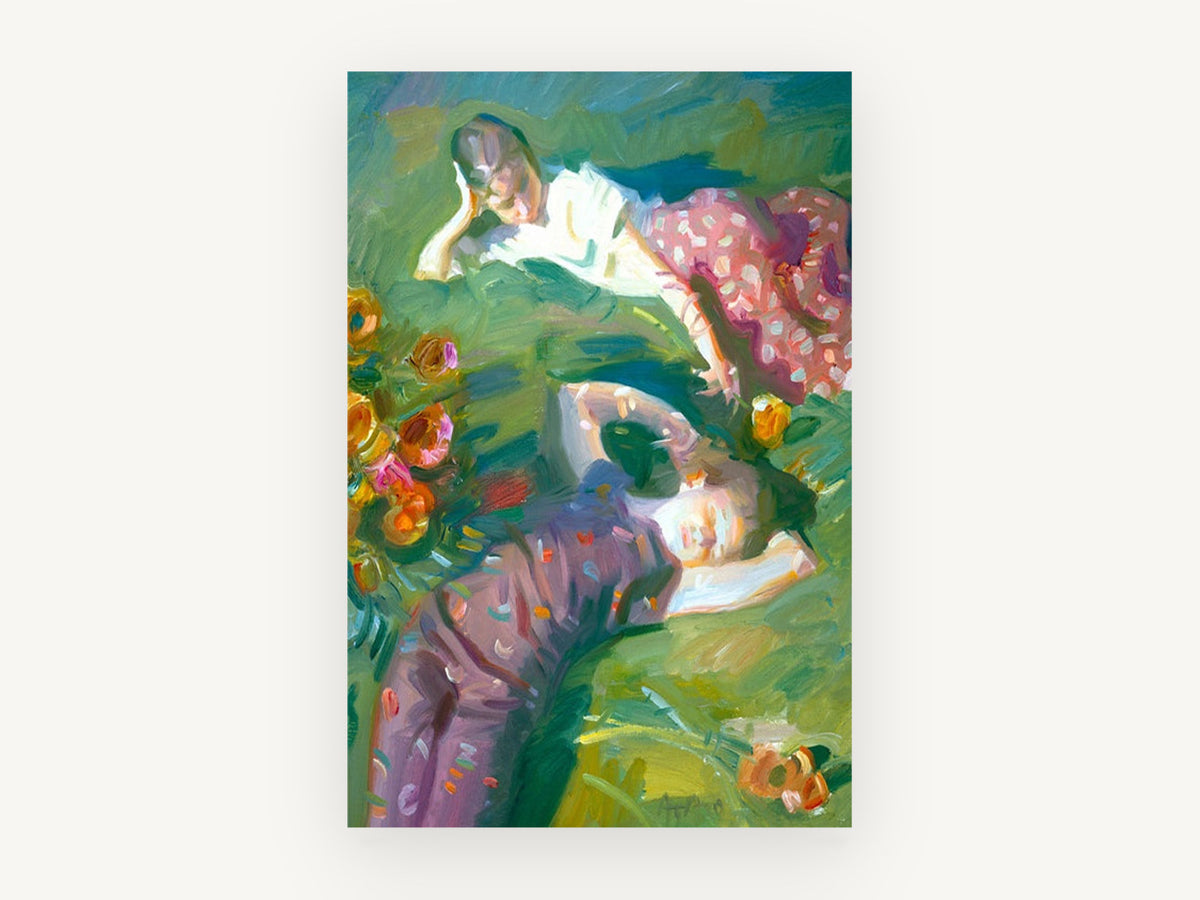 Girls on the Lawn, floral canvas wall art print, front view