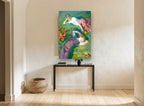 Girls on the Lawn floral canvas print on the wall of a hallway