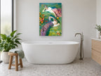 Girls on the Lawn floral canvas print on the wall of a bathroom