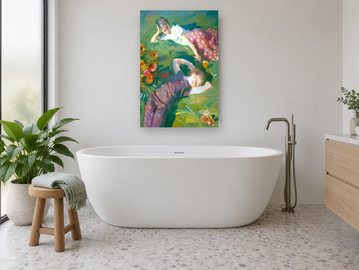 Girls on the Lawn floral canvas print on the wall of a bathroom