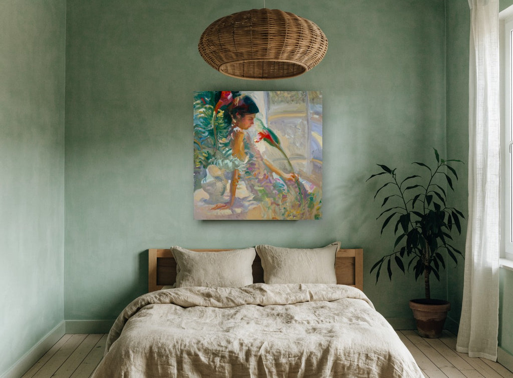 Girl Among Red Blooms floral canvas print on the wall of a bedroom