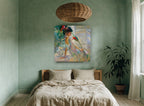 Girl Among Red Blooms floral canvas print on the wall of a bedroom