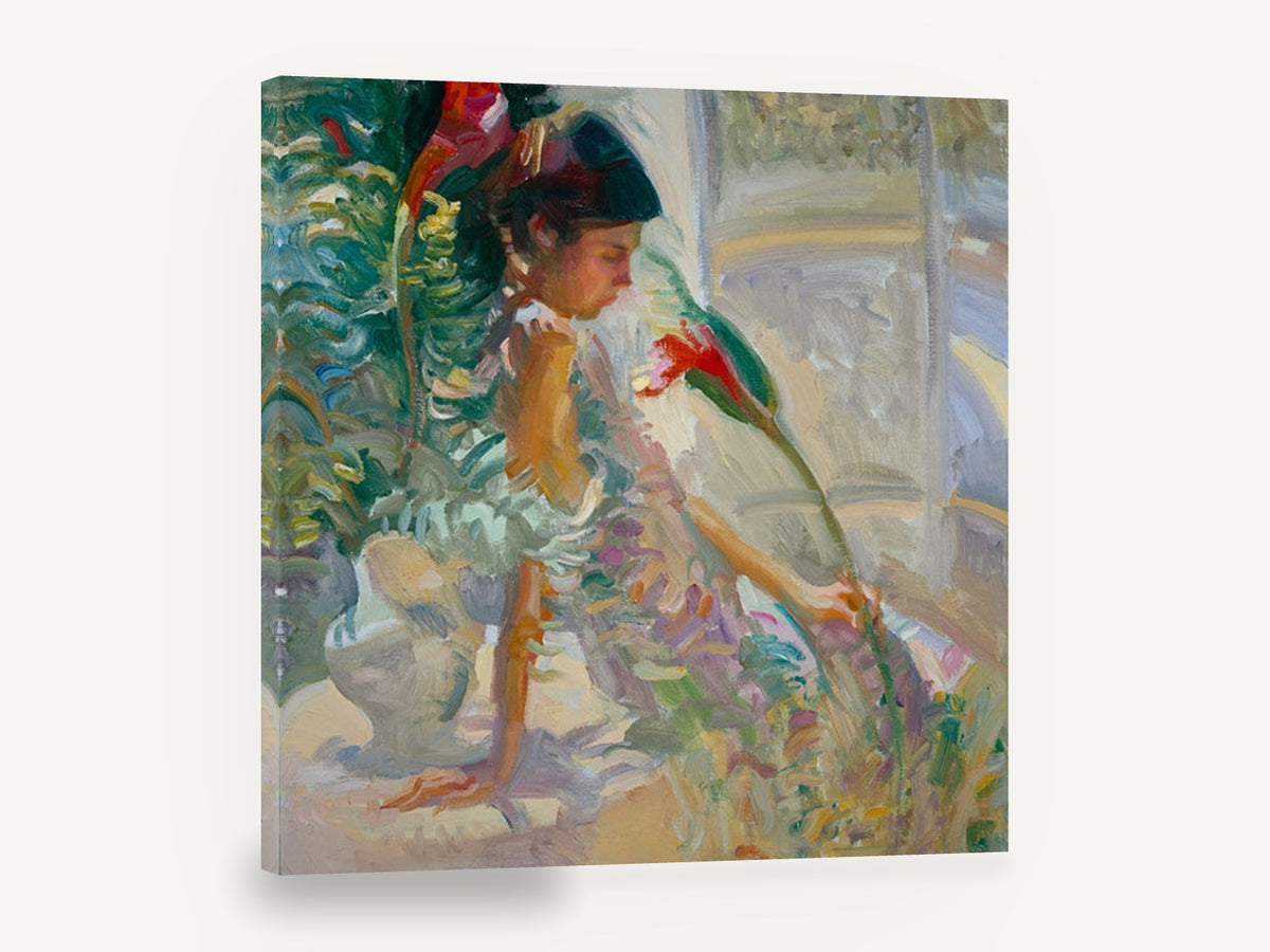 Girl Among Red Blooms, girl holding red flower impressionist painting, floral canvas wall art print ready to hang