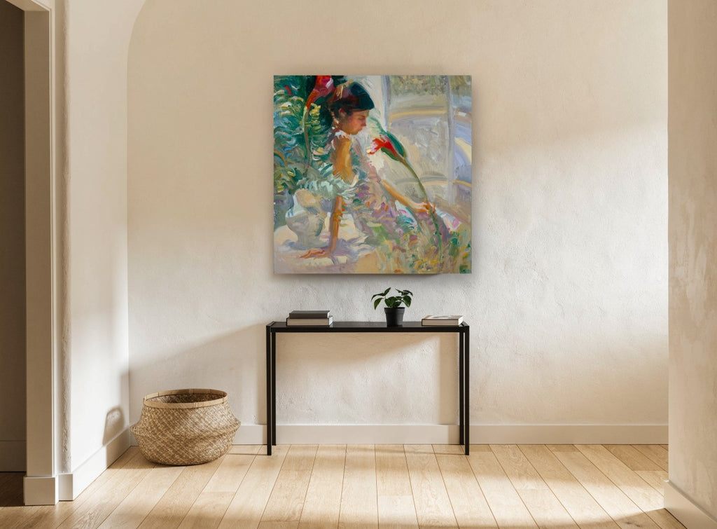 Girl Among Red Blooms floral canvas print on the wall of a hallway
