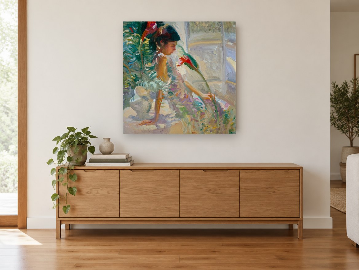 Girl Among Red Blooms floral canvas print on the wall of a living room above a sideboard