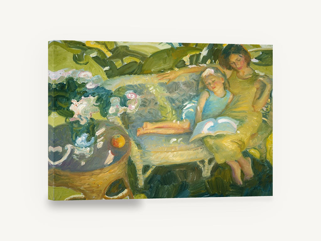 Reading in the Garden, mother and child garden reading impressionist, floral canvas wall art print ready to hang