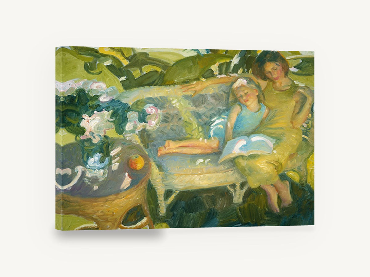 Reading in the Garden, mother and child garden reading impressionist, floral canvas wall art print ready to hang
