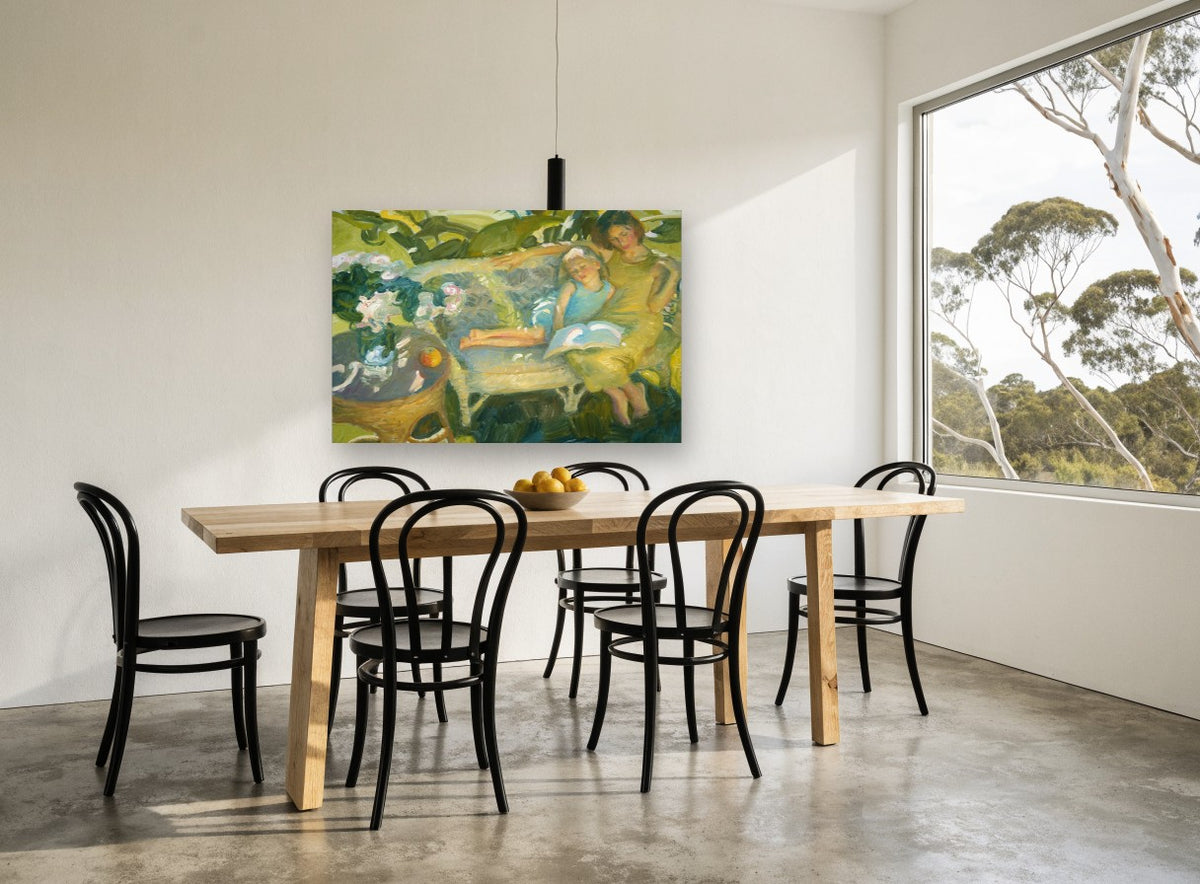 Reading in the Garden floral canvas print on the wall of a dining room