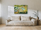 Reading in the Garden floral canvas print on the wall of a living room