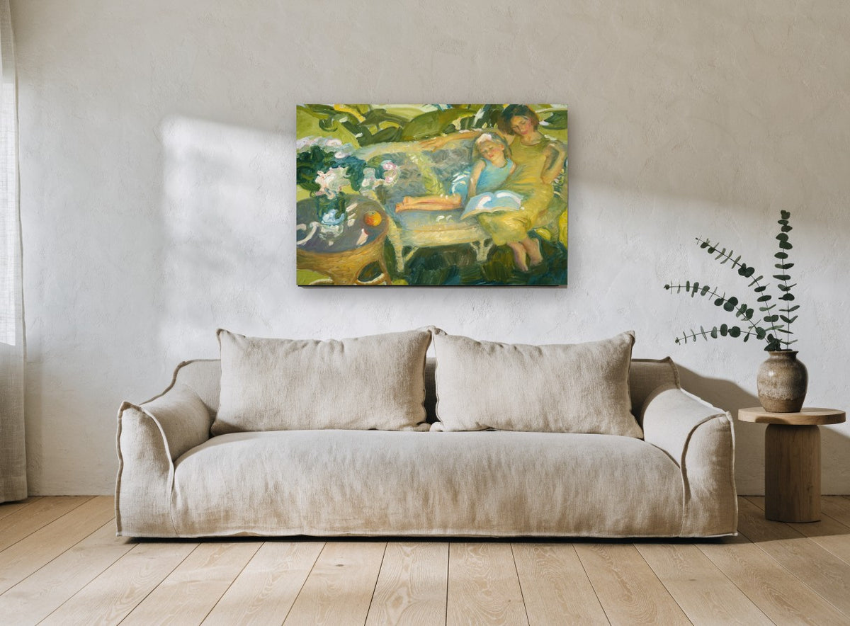 Reading in the Garden floral canvas print on the wall of a living room