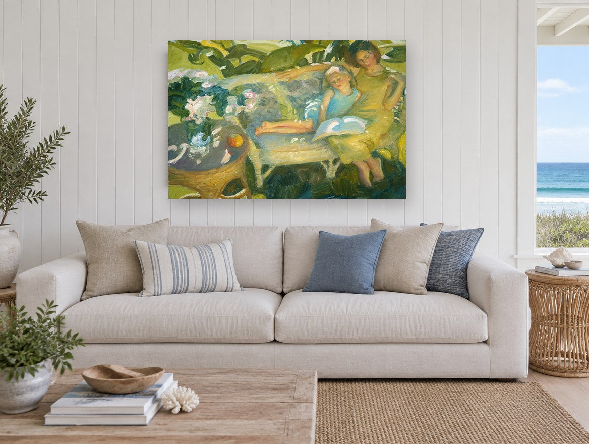 Reading in the Garden floral canvas print on the wall of a beach house living room