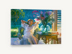 Porch Afternoon Stretch, woman on porch with flowers impressionist, floral canvas wall art print ready to hang