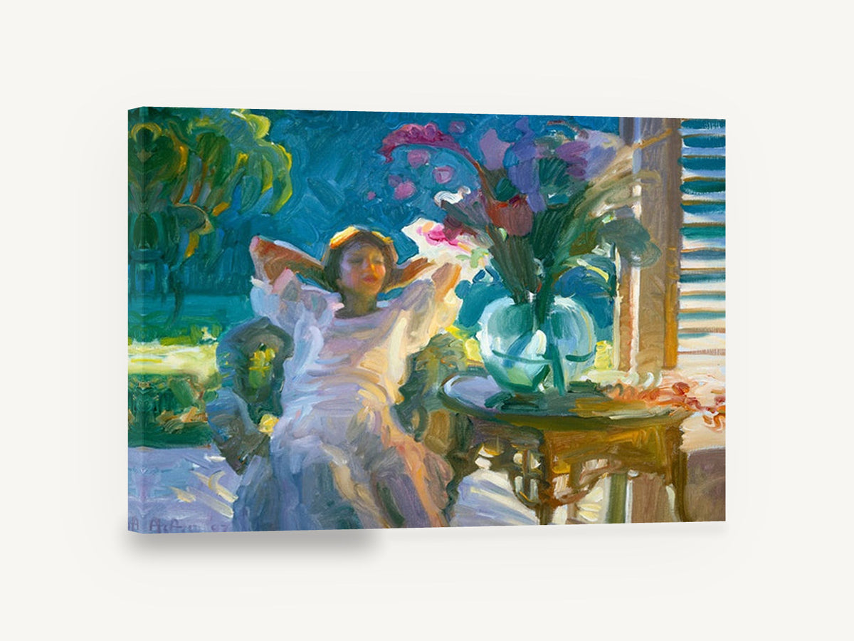 Porch Afternoon Stretch, woman on porch with flowers impressionist, floral canvas wall art print ready to hang