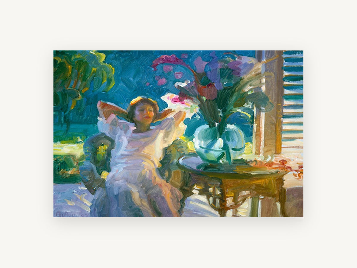 Porch Afternoon Stretch, floral canvas wall art print, front view