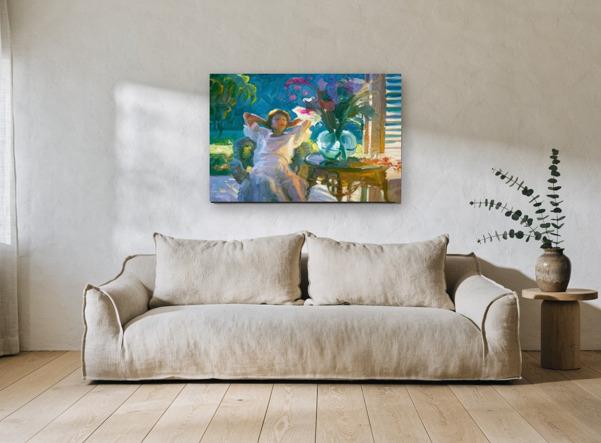 Porch Afternoon Stretch floral canvas print on the wall of a living room