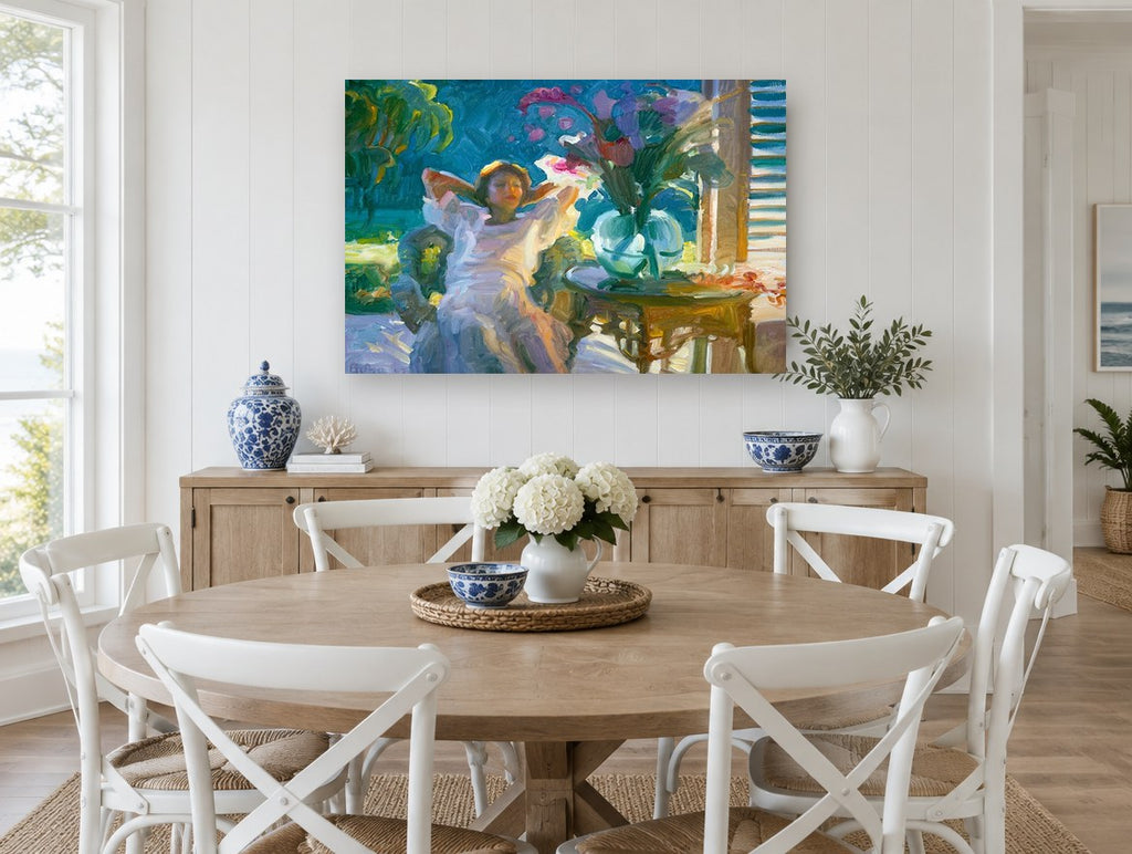 Porch Afternoon Stretch floral canvas print on the wall of a Hamptons dining room