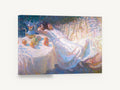 Afternoon Rest in White, woman resting garden impressionist painting, floral canvas wall art print ready to hang