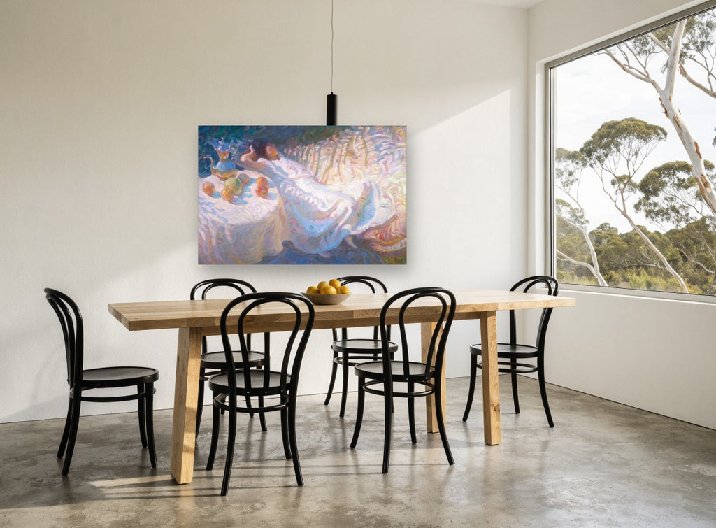 Afternoon Rest in White floral canvas print on the wall of a dining room
