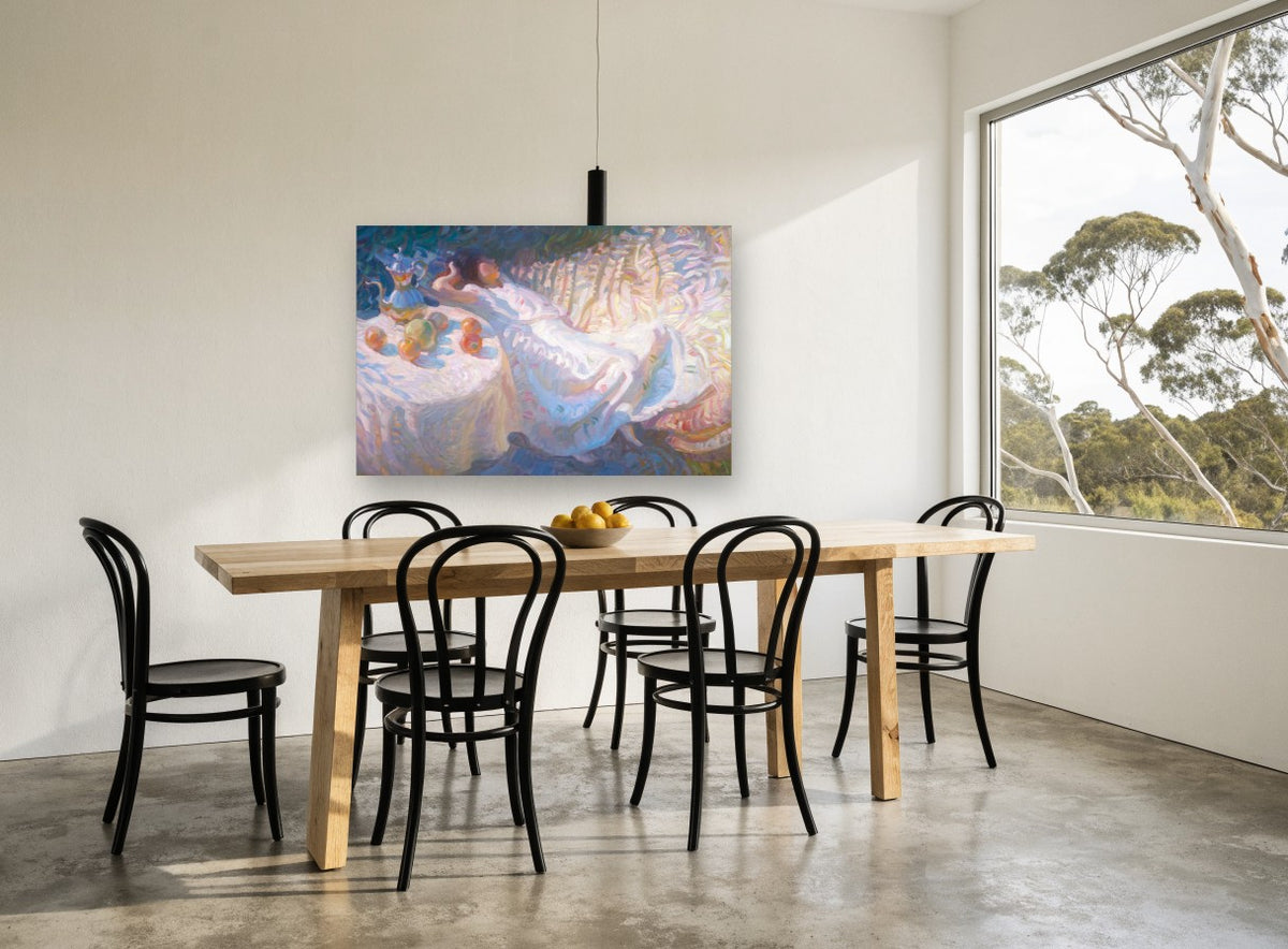 Afternoon Rest in White floral canvas print on the wall of a dining room