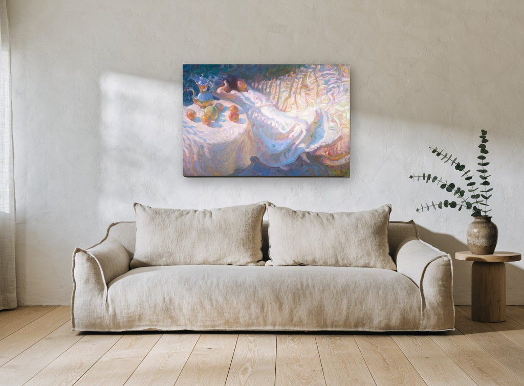 Afternoon Rest in White floral canvas print on the wall of a living room