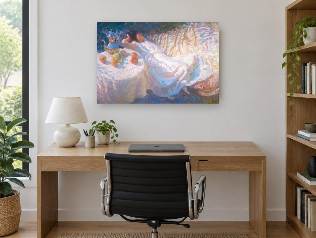 Afternoon Rest in White floral canvas print on the wall of a study