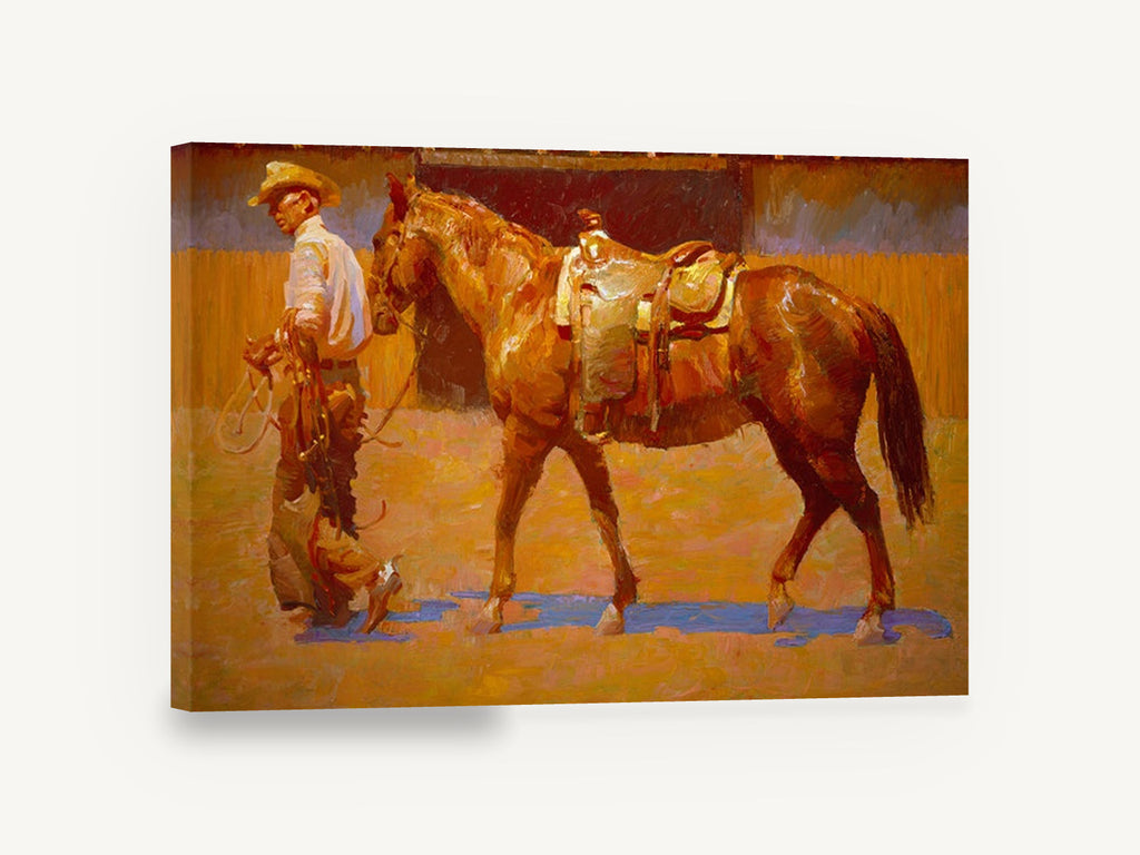 Saddled Chestnut at Dusk, cowboy leading saddled horse painting, animal canvas wall art print ready to hang