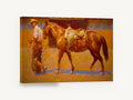 Saddled Chestnut at Dusk, cowboy leading saddled horse painting, animal canvas wall art print ready to hang