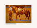 Saddled Chestnut at Dusk, cowboy leading saddled horse painting, animal canvas wall art print ready to hang