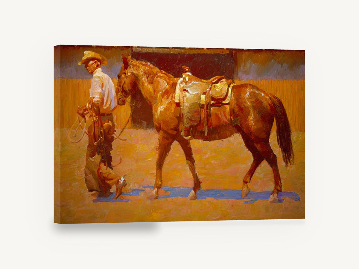 Saddled Chestnut at Dusk, cowboy leading saddled horse painting, animal canvas wall art print ready to hang