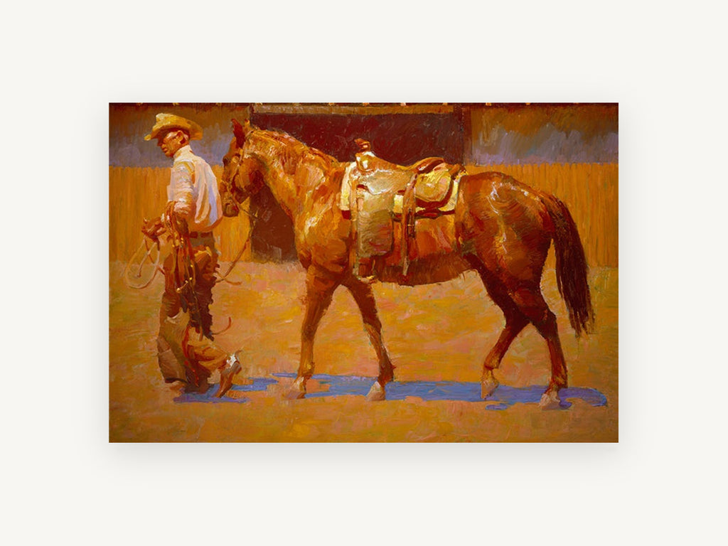 Saddled Chestnut at Dusk, cowboy leading saddled horse painting, animal canvas wall art print, front view