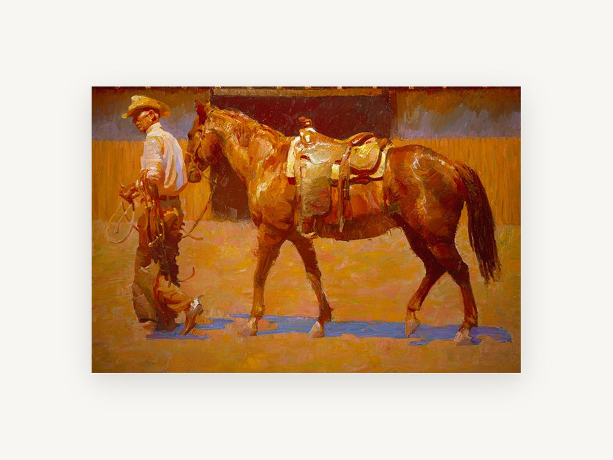 Saddled Chestnut at Dusk, cowboy leading saddled horse painting, animal canvas wall art print, front view