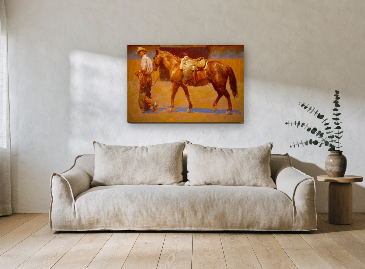 Saddled Chestnut at Dusk animal canvas print on the wall of a living room