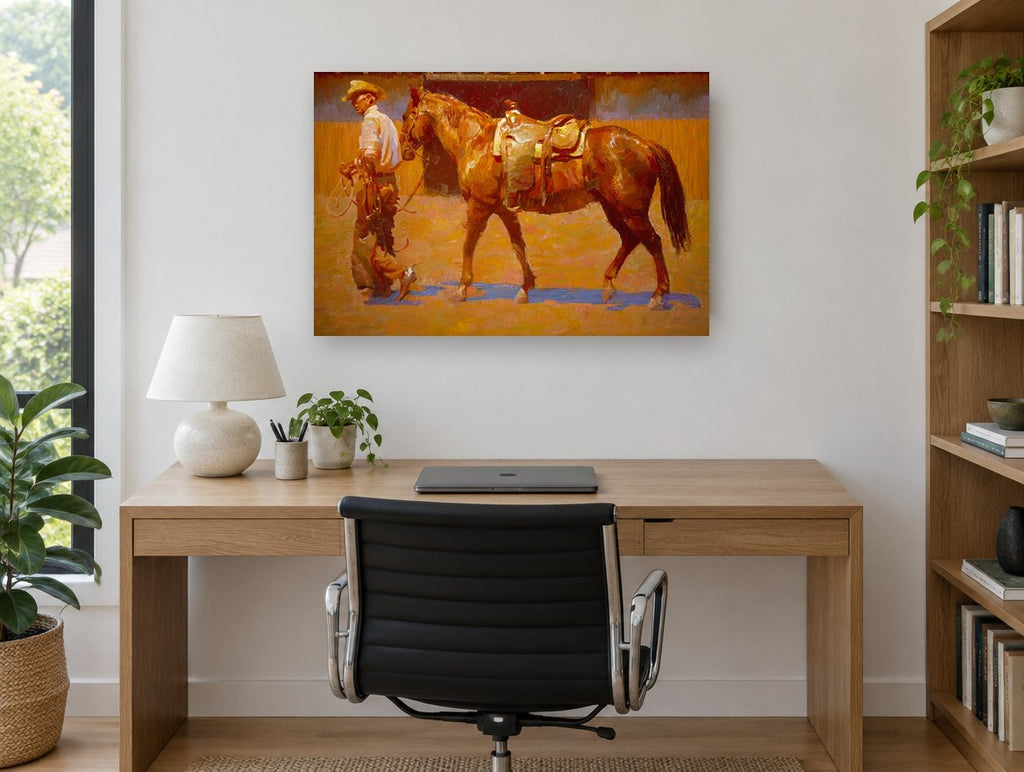 Saddled Chestnut at Dusk animal canvas print on the wall of a study