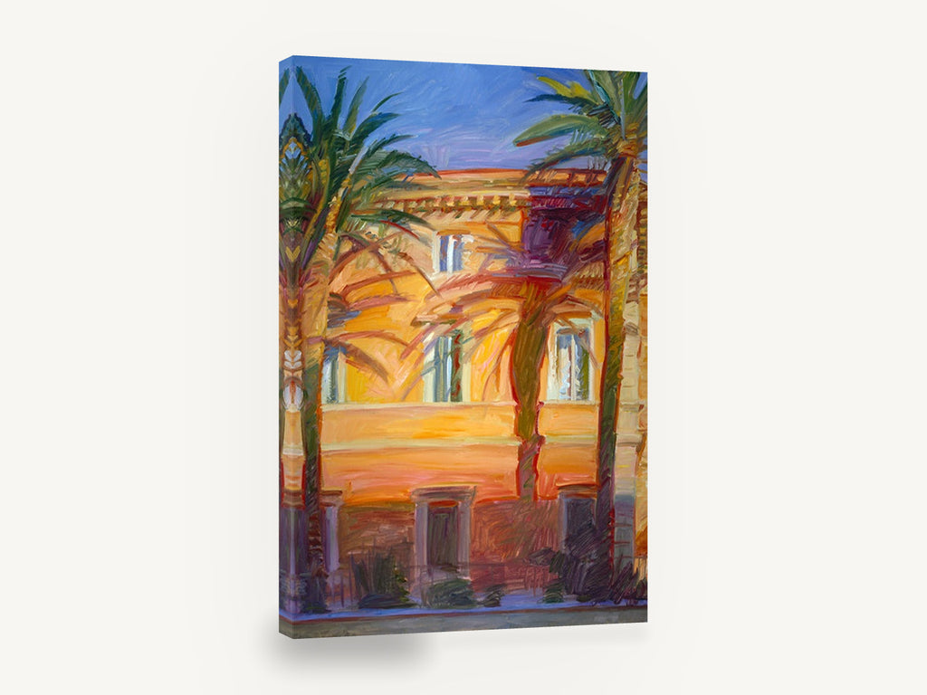 Golden Palms Facade, palm trees sunset building painting, floral canvas wall art print ready to hang