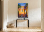 Golden Palms Facade floral canvas print on the wall of a hallway