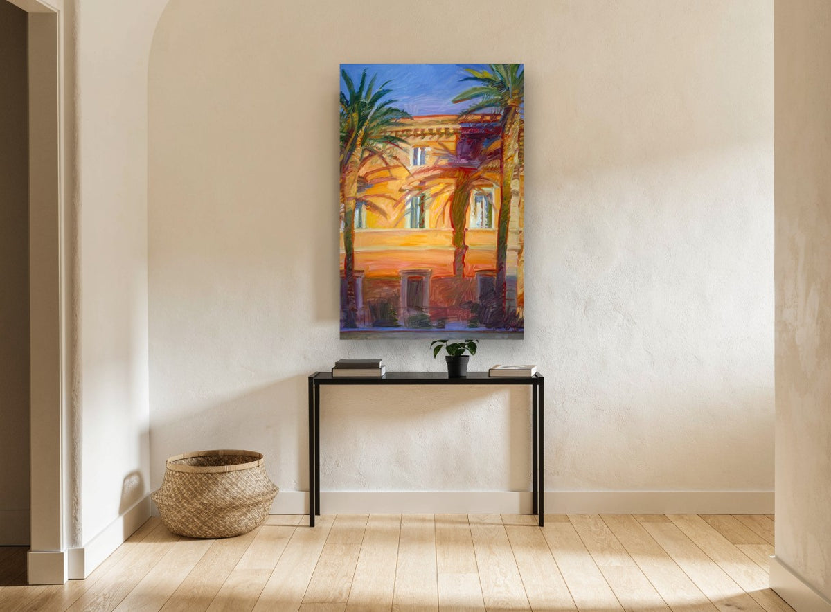Golden Palms Facade floral canvas print on the wall of a hallway